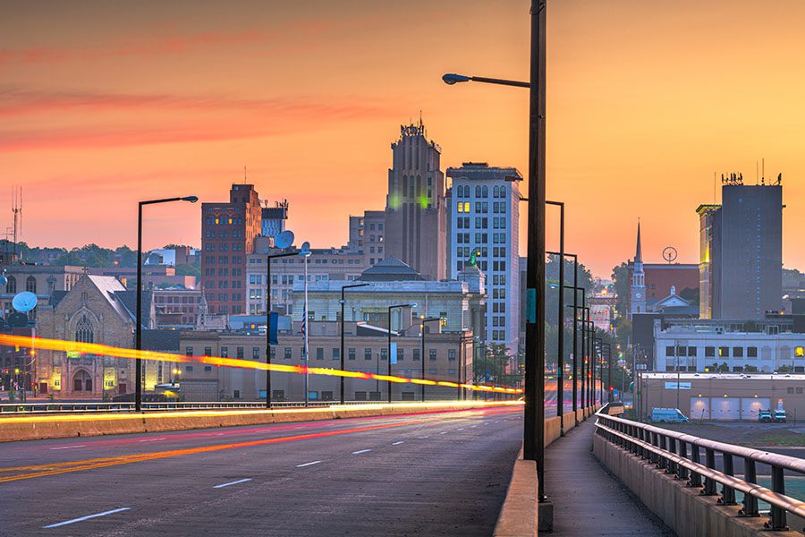 Youngstown OH - View of Downtown Youngstown Ohio City Skyline From the Bridge in the Evening